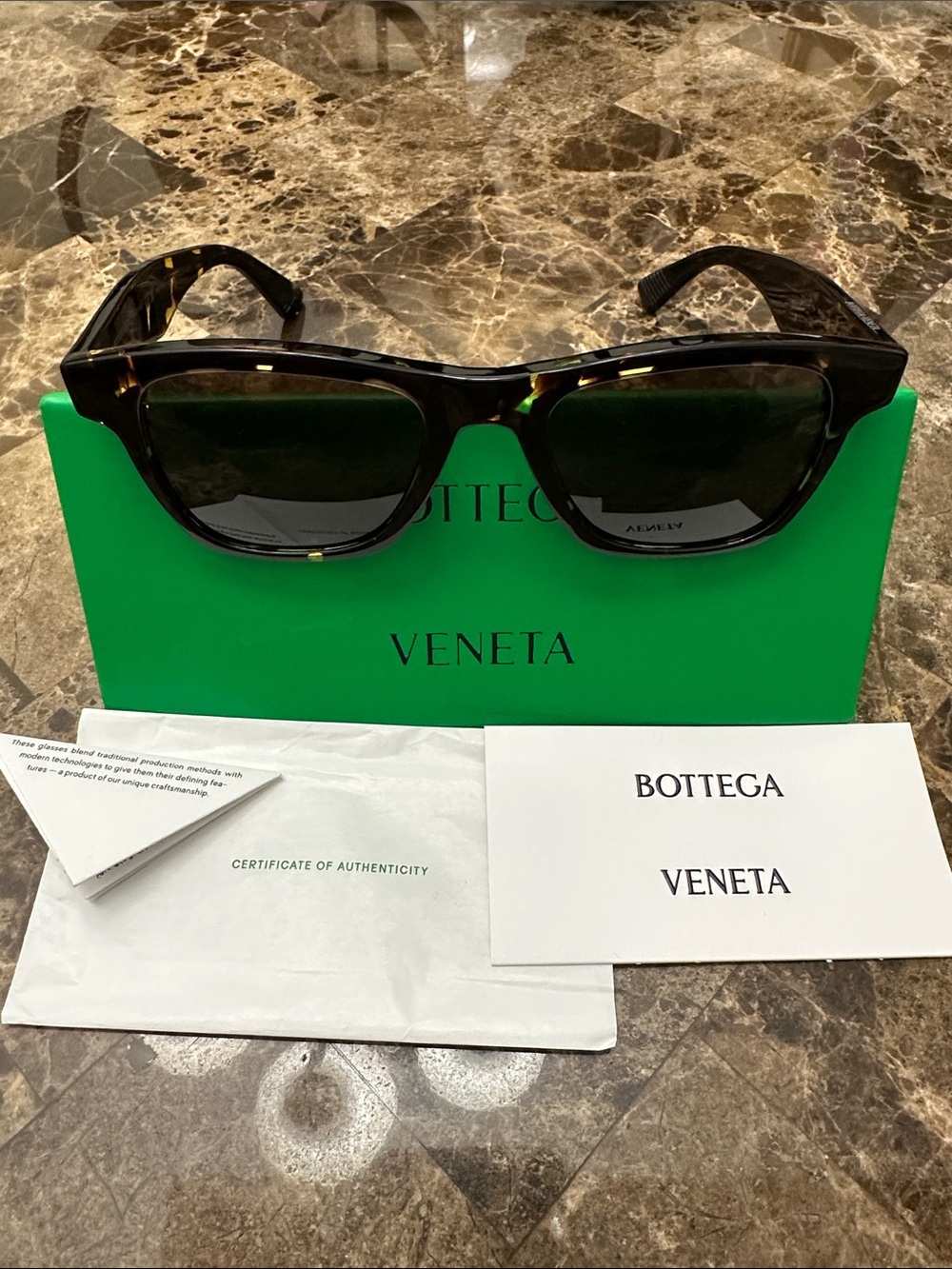 Bottega Veneta Men’s Tortoiseshell Frame Sunglasses with Dark Green Lenses